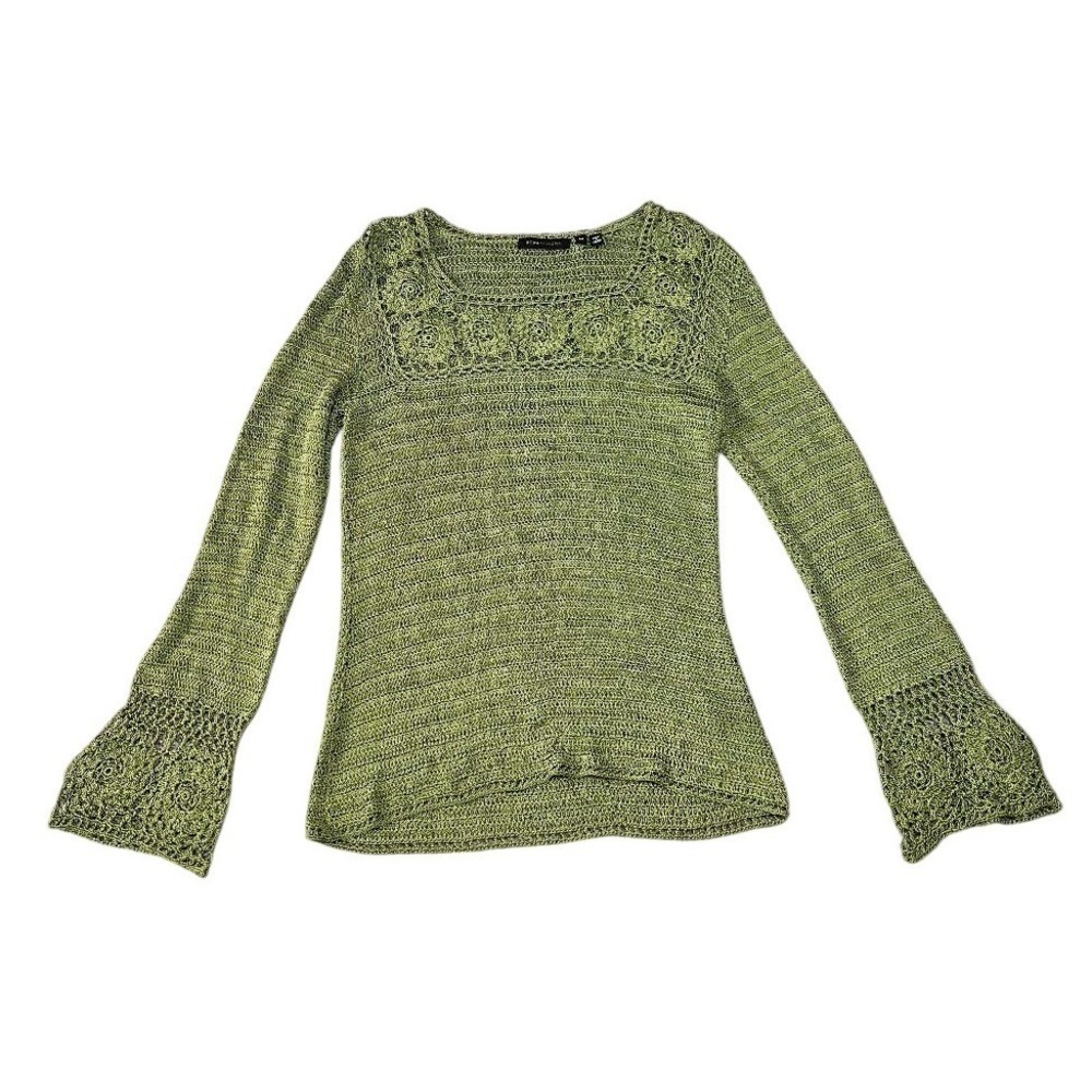 BCBGMAXAZRIA Green Crochet Lace Floral Knit Bell Sleeve Top Medium Boho Fairy